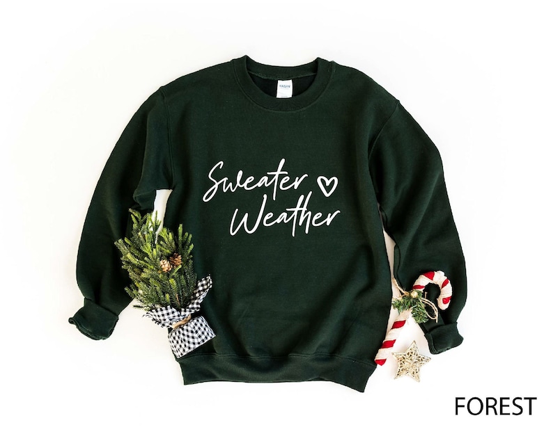 May include: A dark green sweatshirt with the text "Sweater Weather" in white script with a small heart symbol.