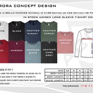 K&ouml;nnte beinhalten: Eine Gr&ouml;&szlig;entabelle f&uuml;r Unisex-Langarmshirts in verschiedenen Farben, darunter Wei&szlig;, Schwarz, Rot, Weinrot, Heather Navy, Heather Forest, Heather Slate, Heather Dark Grey und Heather Mauve. Die Tabelle enth&auml;lt die Ma&szlig;e f&uuml;r K&ouml;rperbreite, K&ouml;rperl&auml;nge und &Auml;rmell&auml;nge in Zoll. Die Tabelle enth&auml;lt auch einen Hinweis zur Gr&ouml;&szlig;enbestimmung, der besagt, dass die Shirts f&uuml;r Frauen gro&szlig; ausfallen und empfiehlt, eine Nummer kleiner zu bestellen, um eine schmalere Passform zu erhalten.