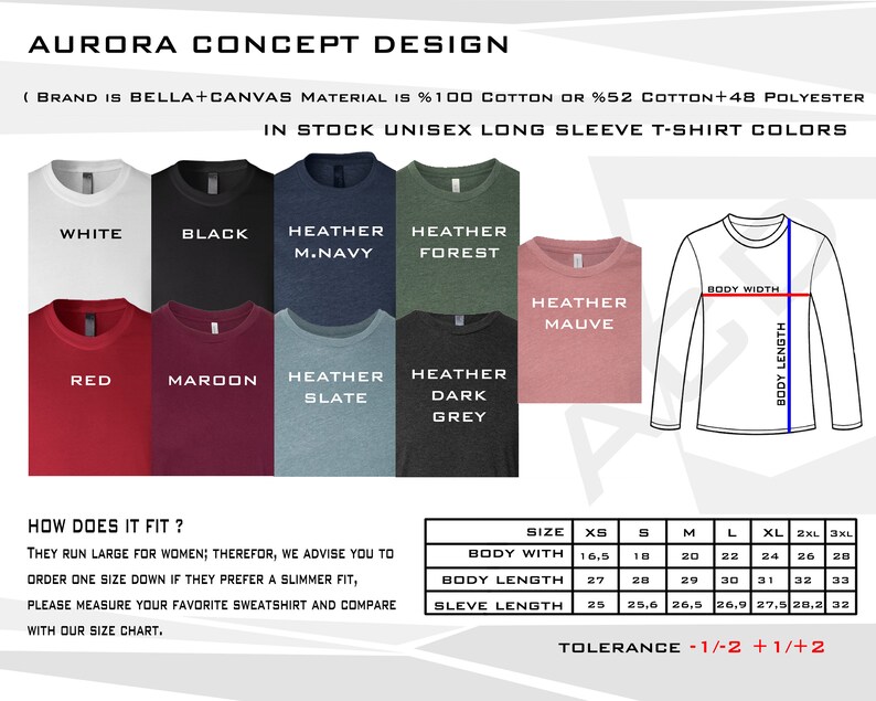 K&ouml;nnte beinhalten: Eine Gr&ouml;&szlig;entabelle f&uuml;r Unisex-Langarmshirts in verschiedenen Farben, darunter Wei&szlig;, Schwarz, Rot, Weinrot, Heather Navy, Heather Forest, Heather Slate, Heather Dark Grey und Heather Mauve. Die Tabelle enth&auml;lt die Ma&szlig;e f&uuml;r K&ouml;rperbreite, K&ouml;rperl&auml;nge und &Auml;rmell&auml;nge in Zoll. Die Tabelle enth&auml;lt auch einen Hinweis zur Gr&ouml;&szlig;enbestimmung, der besagt, dass die Shirts f&uuml;r Frauen gro&szlig; ausfallen und empfiehlt, eine Nummer kleiner zu bestellen, um eine schmalere Passform zu erhalten.