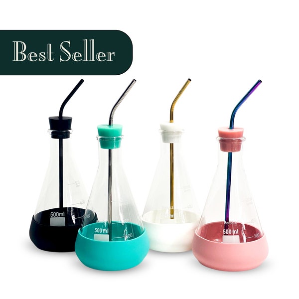 Science Flask Drink Tumbler & Straw Set | Lead-Free Sustainable Glass | Chemistry Gift