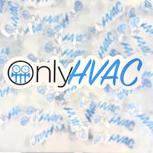 May include: A die-cut sticker featuring the text "onlyHVAC" in a bold, blue script font. To the left of the text is a circular black icon depicting a set of two pressure gauges with three vertical lines extending downward from the gauge assembly.