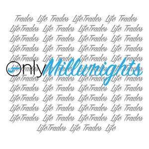 Puede incluir: Un logotipo azul y blanco con el texto "Only Millwrights" sobre un fondo blanco con el texto "Life Trades" repetido en cursiva gris.