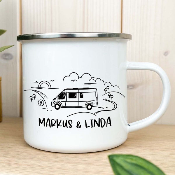 Emaille Tasse / Becher Campervan -personalisiert- beidseitig bedruckt- 3 Landschaften wählbar Campervan Wohnmobil Reisen Vanlife Nachhaltig