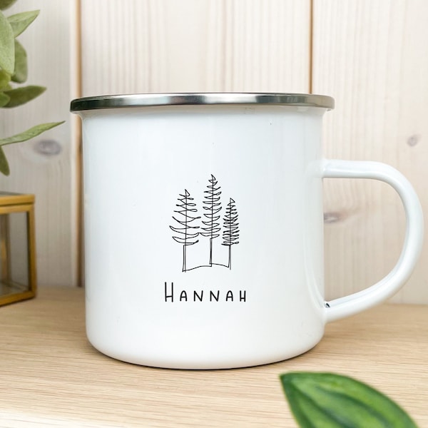 Emaille Tasse / Becher - personalisiert - beidseitig bedruckt - Tannen Camping Becher Travel Reisen Vanlife Nachhaltig