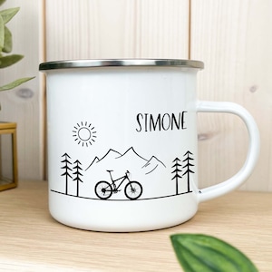 Fahrrad Tasse, personalisierte Becher aus Emaille für Biker, personalisiertes Geschenk für Männer, Biker Geschenk Idee, Mountainbiker Tasse