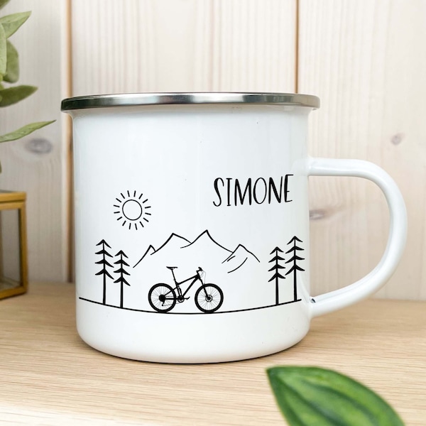 Bicycle cup, personalized enamel mug for bikers, personalized gift for men, biker gift idea, mountain biker cup