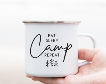 Camping Tasse personalisiert, Emaille Becher Camping, Campingzubehör, Eat Sleep Camp Repeat, Kaffeetasse Campingspruch, Camper Tasse Vanlife