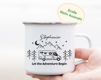 Camping Becher mit Namen, Emailletasse personalisiert, Wohnmobil Tasse, Campingzubehör, Kaffeebecher für Camper