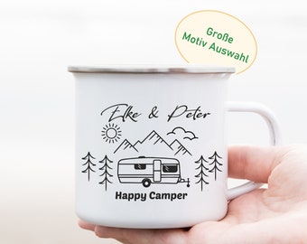 Camping Becher mit Namen, Emailletasse personalisiert, Wohnmobil Tasse, Campingzubehör, Kaffeebecher für Camper