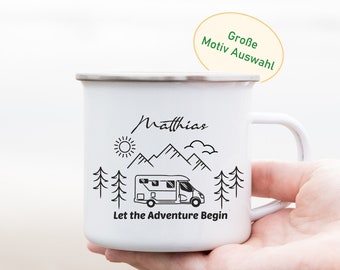 Camping Becher mit Namen, Emailletasse personalisiert, Wohnmobil Tasse, Campingzubehör, Kaffeebecher für Camper