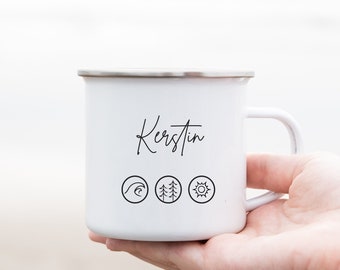 Camping Tasse personalisiert, Emaille Becher Camping, Campingzubehör, Kaffeetasse Camping, Camper Tasse Vanlife, Emailletasse für Camper