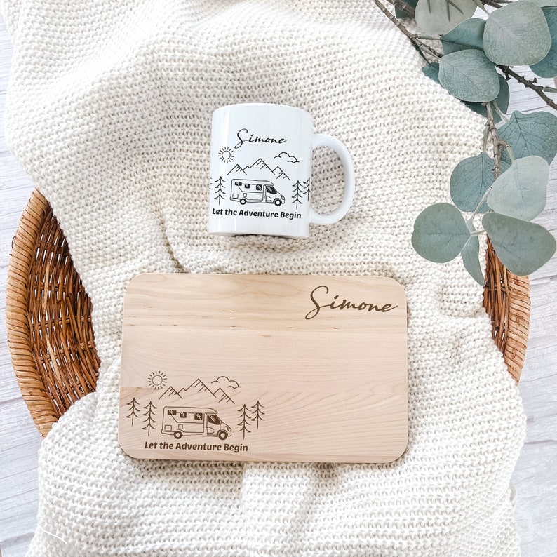 Gift set for campers, breakfast set camper, camping set personalized, cutting board camping, camping mug, caravan accessories Keramik + Buche