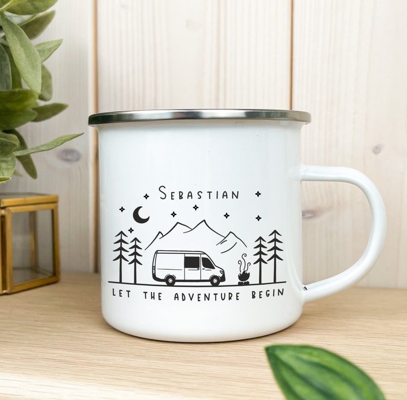 Emaille Tasse / Becher personalisiert beidseitig bedruckt Campervan Wohnmobil Reisen Vanlife Nachhaltig Bild 1