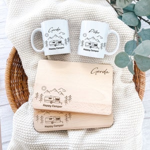 Gift set for campers, breakfast set camper, camping set personalized, cutting board camping, camping mug, caravan accessories Keramik + Buche