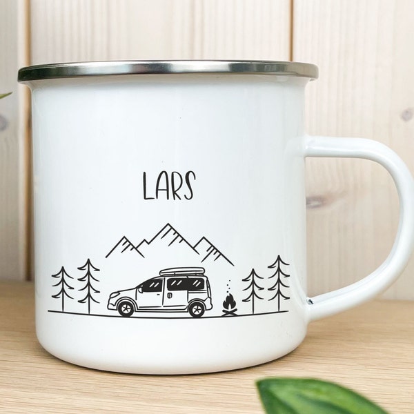 Camping Emaille Tasse personalisiert Name Mini Camper