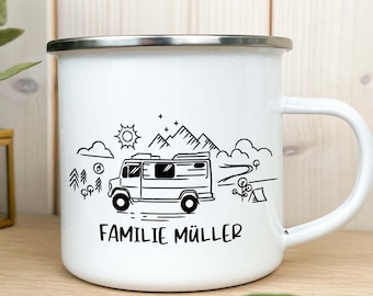 Emaille Tasse / Becher Düdo -personalisiert- beidseitig bedruckt- 3 Landschaften wählbar Campervan Wohnmobil Reisen Vanlife Nachhaltig