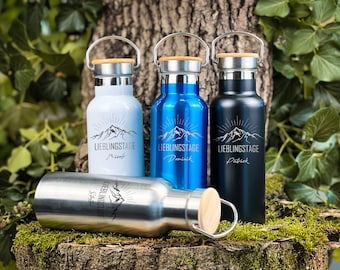 Trinkflasche personalisiert Berge Edelstahl, Isolierflasche Tee, Geschenk für Camper, Geschenk Mann, Geschenke Papa, Geschenk für Freundin