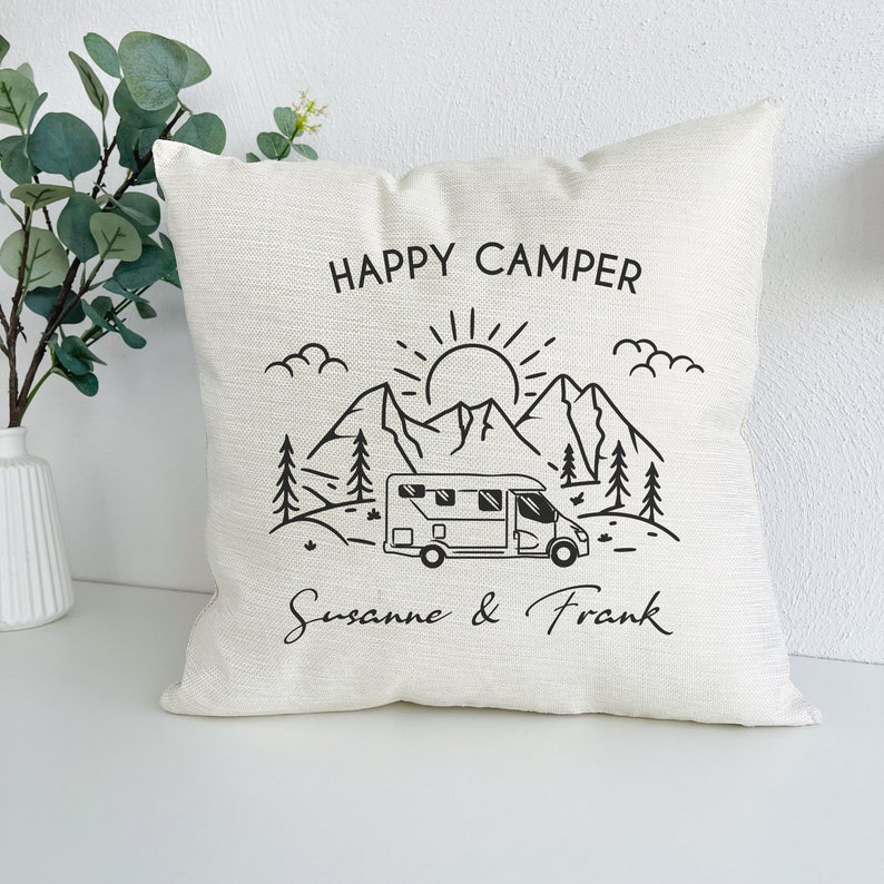 Happy Camper Pillow Personalized Name, Camping Gift, Camping Accessories, Gift for Campers, Gift for Friends, Gift Grandparents image 1