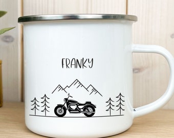 Motorrad Biker Emaille Tasse personalisiert mit Name, Männergeschenke, Geschenk für Männer, Biker Tasse, Geschenk für Ihn, Motorrad Tasse