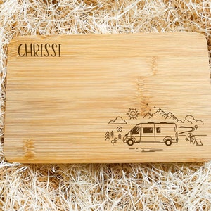 Campervan breakfast board, customizable made of bamboo wood, 3 different landscapes to choose from, chopping board, camping van life