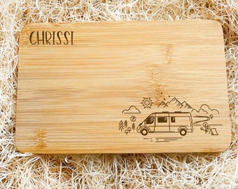 Planche petit-déjeuner camping-car, personnalisable en bois de bambou, 3 paysages différents au choix, planche à découper, camping van life