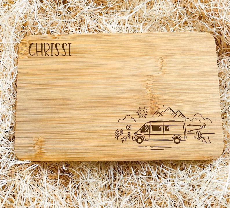 Campervan breakfast board, customizable made of bamboo wood, 3 different landscapes to choose from, chopping board, camping van life image 1