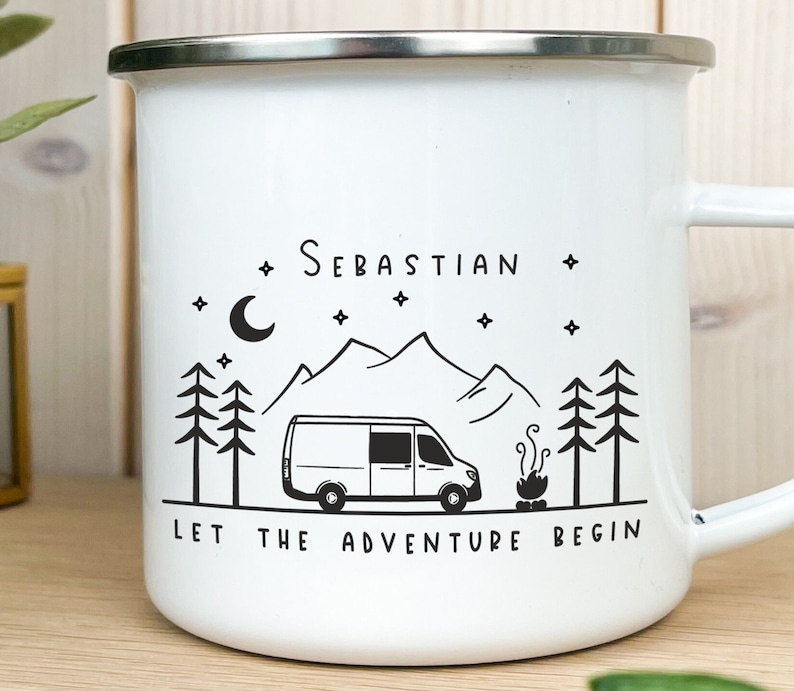 Emaille Tasse / Becher personalisiert beidseitig bedruckt Campervan Wohnmobil Reisen Vanlife Nachhaltig Bild 3