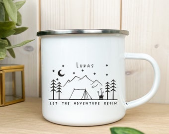 Personalisierte Tasse für Camper, Campingbecher Zelt, Emaille Becher Camping, Kindertasse Zeltlager, personalisierte Geschenke Weihnachten