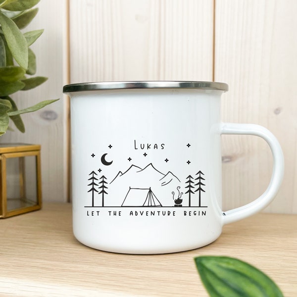 Personalisierte Tasse für Camper, Campingbecher Zelt, Emaille Becher Camping, Kindertasse Zeltlager, personalisierte Geschenke Weihnachten