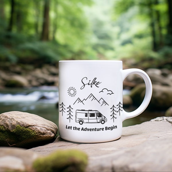 Camping Becher personalisiert aus Keramik, Camper Tasse mit Namen, Kaffeebecher Camping Geschenk, Wohnmobil