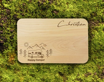 Planche de camping avec gravure, planche à découper pour campeurs, planche de petit-déjeuner avec nom souhaité, cadeau de camping, planche à goûter personnalisée