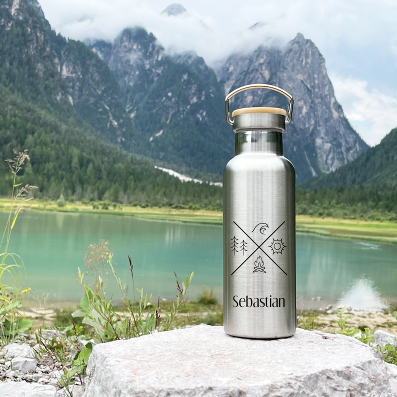 personalisierte Trinkflasche aus Edelstahl, Isolierflasche Berge, Geschenk für Wanderer, Geschenk Mann Camping Zubehör, Vatertag, Muttertag Bild 9