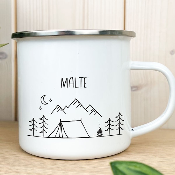 Camping Emaille Tasse personalisiert Name Zelt Wandern Reisen