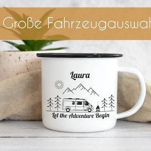 Camping Mug Personalized with Name, Enamel Mug Camper Gift, RV Mug, Let the Adventure Begin image 1