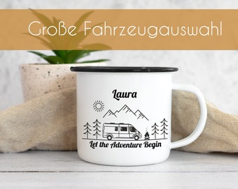 Camping Becher personalisiert mit Name, Emaille Tasse Camper Geschenk, Wohnmobil Becher, Let the Adventure Begin