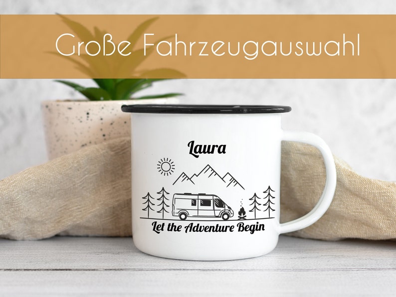 Camping Mug Personalized with Name, Enamel Mug Camper Gift, RV Mug, Let the Adventure Begin image 1