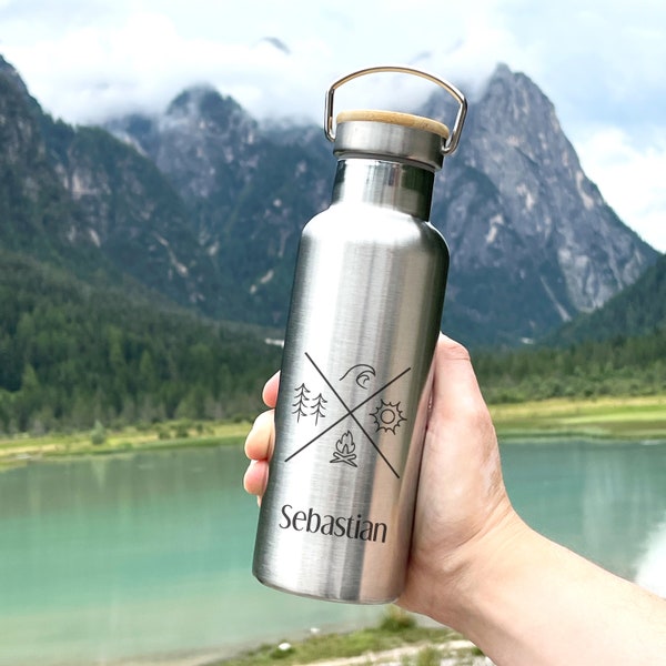 personalisierte Trinkflasche aus Edelstahl, Isolierflasche Berge, Geschenk für Wanderer, Geschenk Mann Camping Zubehör, Vatertag, Muttertag
