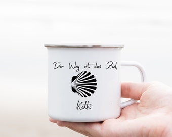 Jakobsweg Tasse personalisiert, Pilger Becher, Emailletasse Jakobsweg, Camino de Santiago, Geschenk für Pilger, Geschenke für Wanderer,