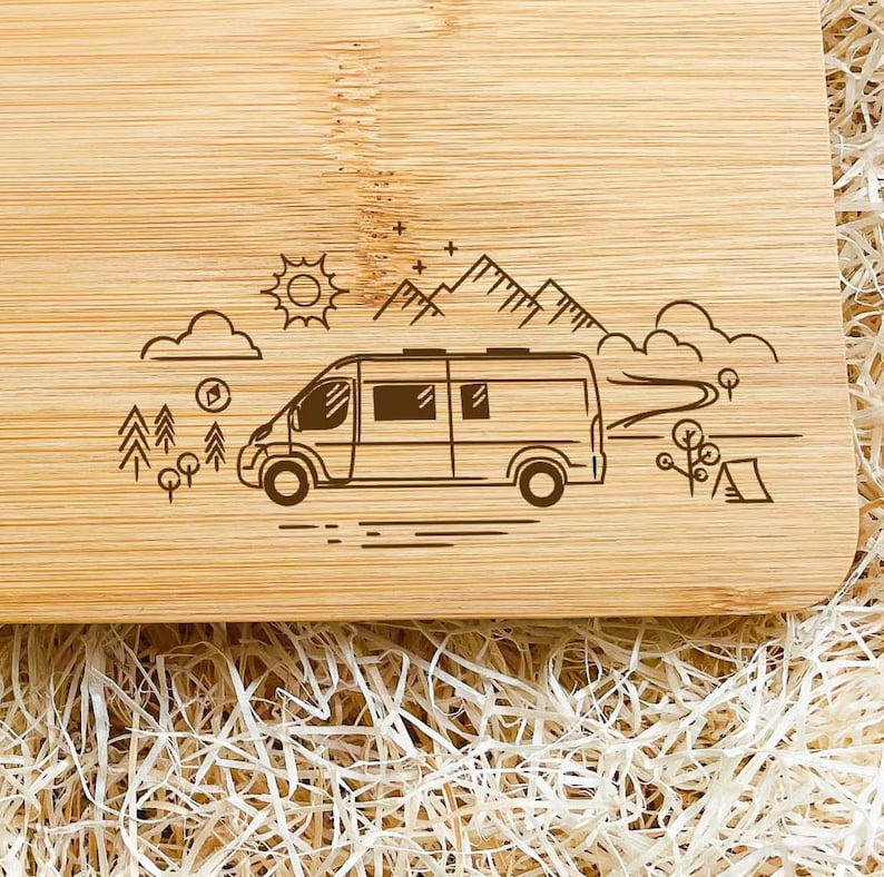 Campervan breakfast board, customizable made of bamboo wood, 3 different landscapes to choose from, chopping board, camping van life image 2