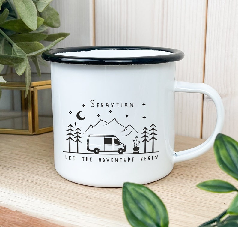 Emaille Tasse / Becher personalisiert beidseitig bedruckt Campervan Wohnmobil Reisen Vanlife Nachhaltig Bild 4