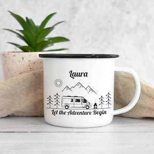 Camping Mug Personalized with Name, Enamel Mug Camper Gift, RV Mug, Let the Adventure Begin image 2