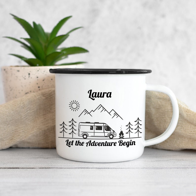 Camping Mug Personalized with Name, Enamel Mug Camper Gift, RV Mug, Let the Adventure Begin image 2