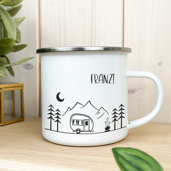 Campingbecher mit Namen, personalisierte Tasse, Camper Tasse mit Wohnwagen, Geschenk für Camper, personalisierte Geschenke, Geschenk Freunde