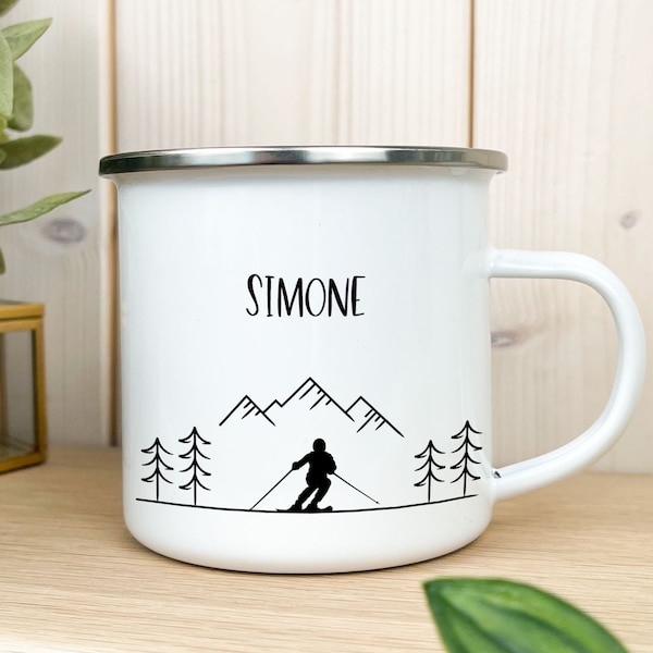 Emaille Tasse für Skifahrer, personalisierte Tasse Ski, personalisierte Geschenke, Männergeschenk, Glühweinbecher, Namenstasse