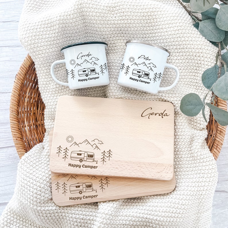 Gift set for campers, breakfast set camper, camping set personalized, cutting board camping, camping mug, caravan accessories Emaille + Buche