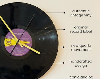 Vintage Vinyl Record Wall Clock, Upcycled 33 RPM LP Clock, Handmade Music Decor, Unique Gift for Music Lover, Rustic Home Wall Art
