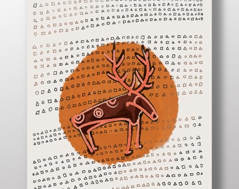 Primitive Deer Figure on an Abstract Background Wall Art, A3 Deer Print, Instant Download, Printable Wall Art