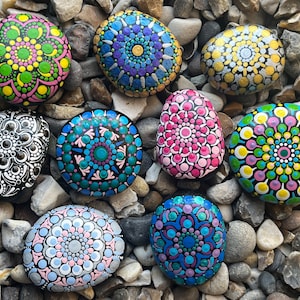 Hand Painted Mandala Stone - Unique - Painted Stones - Decorative - Pocket Pebble - Dot Art - Garden Rock - Polka Dot - Painted Pebble