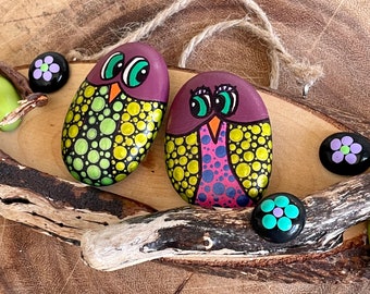 Wooden Slice Pebble Art - Hand Painted Pebble Art - Rustic Wooden Slice - Bird Ornament - Gift - Home Decor - Polka Dot - Log Slice - Owls