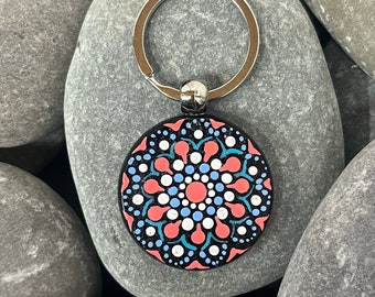 Hand Painted Mandala Keychain - Wooden Keyring - Hand Made - Unique - Painted Stones - Decorative - Gifts - Dot Art - One Off - Chakra